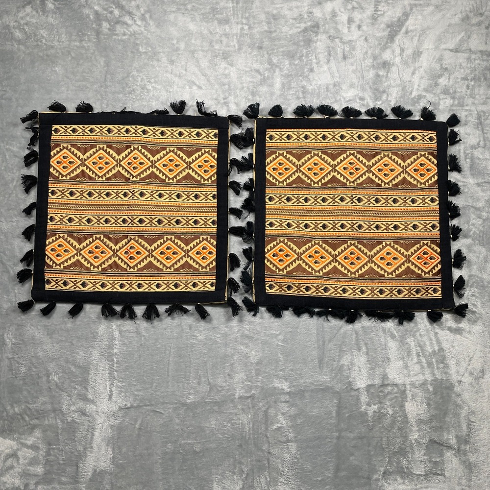 Tribal Geometric Woven Pillow‎ Covers Brown Orange Tassels Boho 17x17 Set of 2